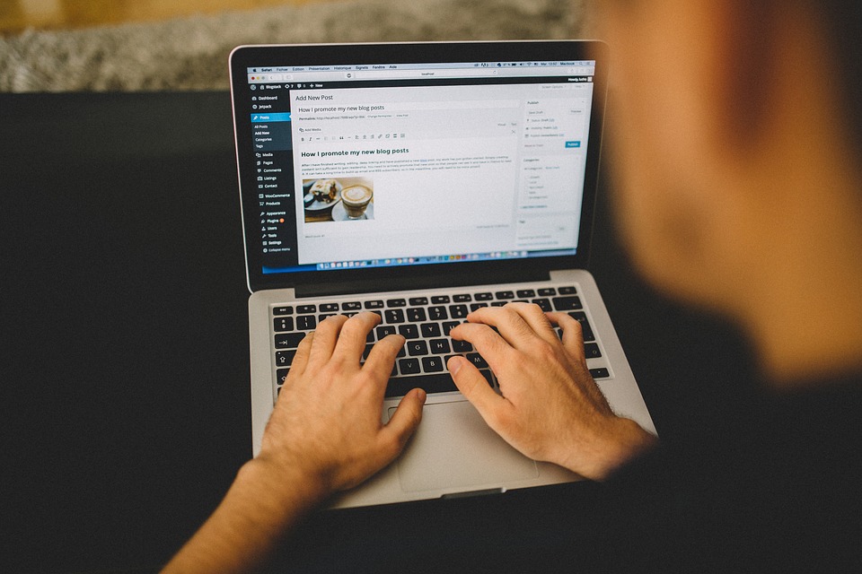 A person working on a WordPress blog on a laptop